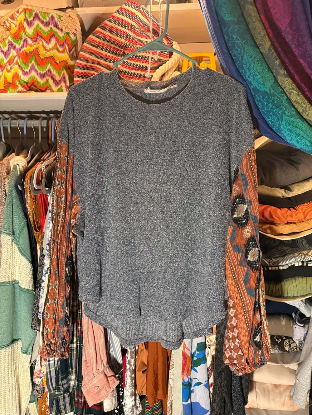 Blu Pepper Gray Knit Top with Rust Patterned Boho Sleeves